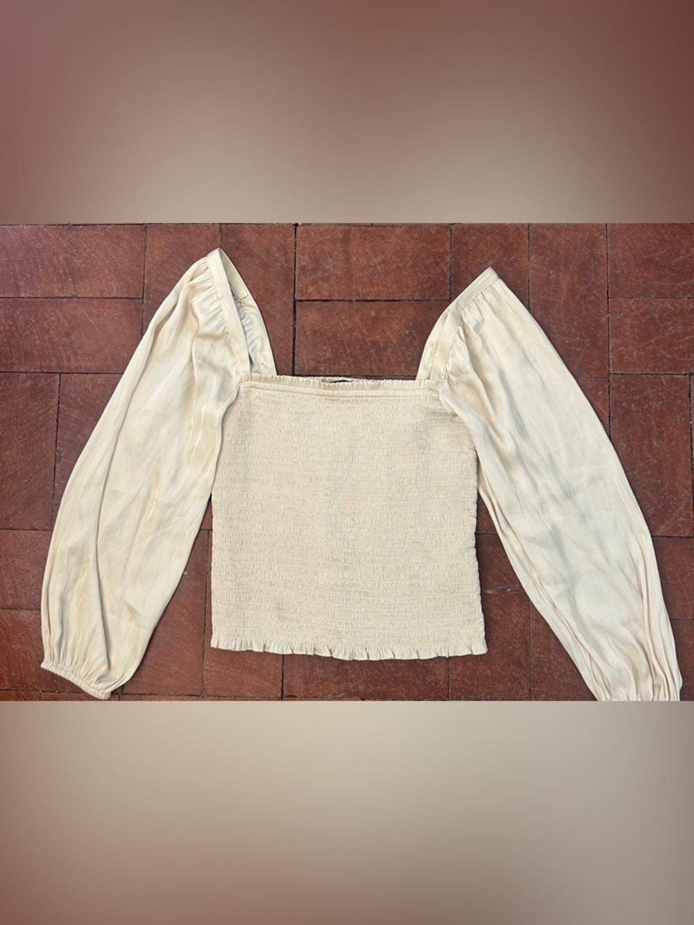 J.Crew Festival Smocked Nude Color Square Neck Puff Sleeve Crop Top Size Small